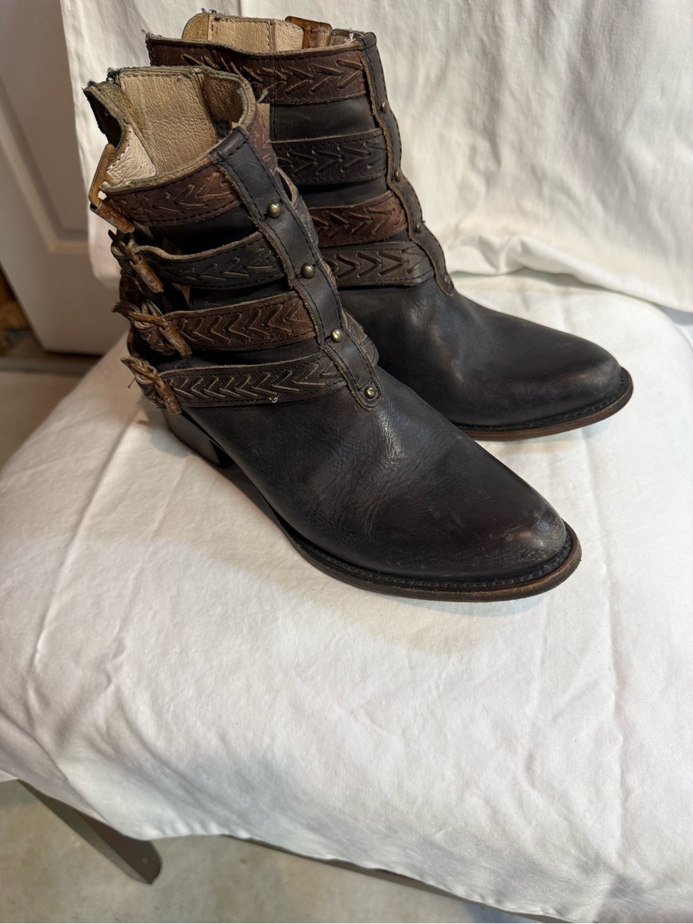 freebird Brown Leather Ankle Boots with Strap Detail